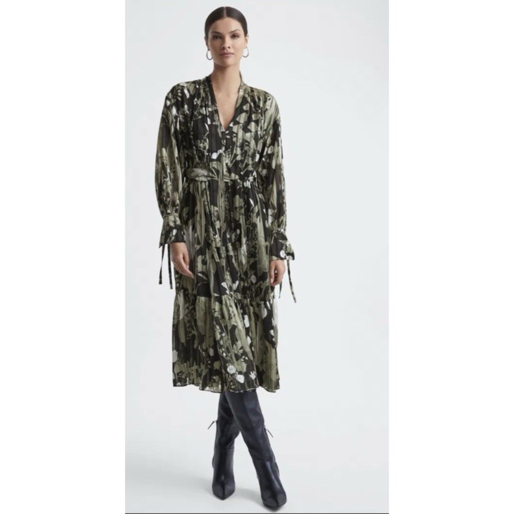 Reiss Size US 4 Lottie Floral Print Tie Neck Midi Dress Belted Green Botanical